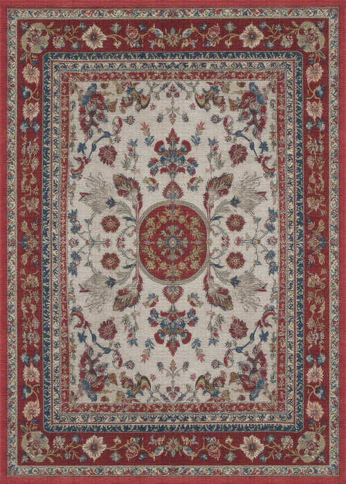 Load image 1 in gallery view. The Imperial Rose - Washable Rug (JRS023) features a Persian-style flat weave with a red border, intricate floral designs in red, blue, green, and gold, and a central medallion on cream. Multiple elegant borders complete the look.