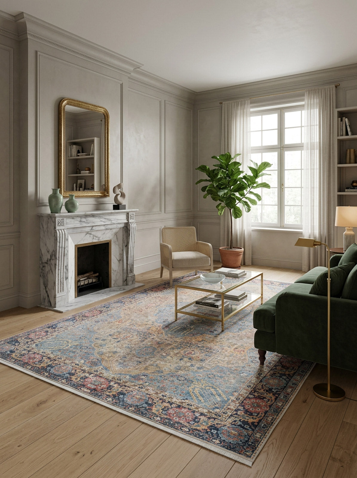 Elegant living room with a marble fireplace, large window, green sofa, armchair, glass coffee table, potted plant, and Imperial Weave - Washable Rug - JR1969—ideal for high-traffic areas—on light wood floors. Neutral walls and soft lighting complete the space.