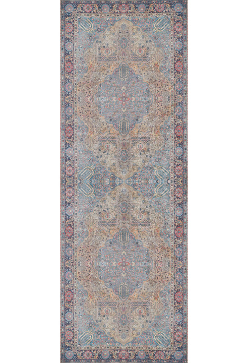 Load image 1 in gallery view. The Imperial Weave - Washable Rug - JR1969 features intricate, symmetrical patterns in soft blue, beige, and pink with ornate borders. This elegant washable rug combines tradition and practicality—perfect for high-traffic areas.