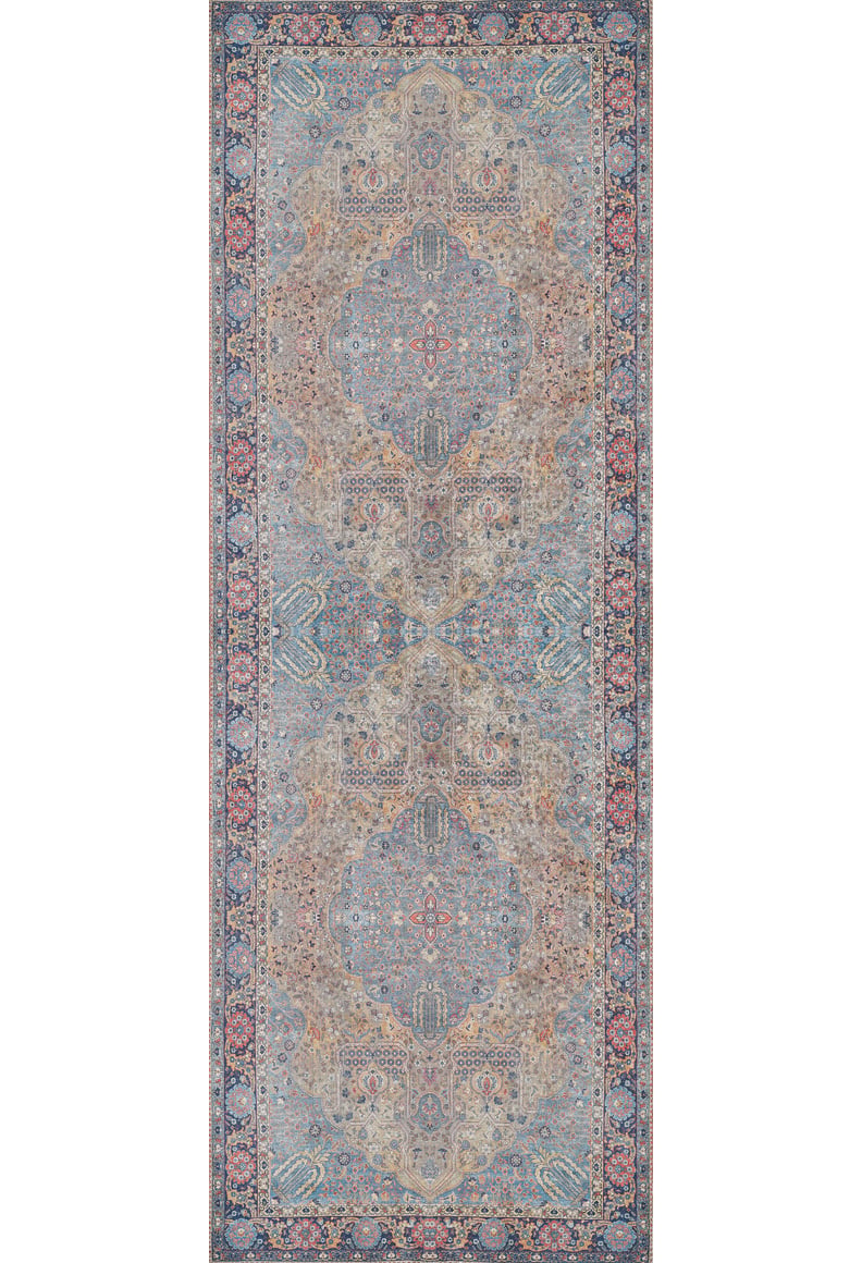 The Imperial Weave - Washable Rug - JR1969 features intricate, symmetrical patterns in soft blue, beige, and pink with ornate borders. This elegant washable rug combines tradition and practicality—perfect for high-traffic areas.