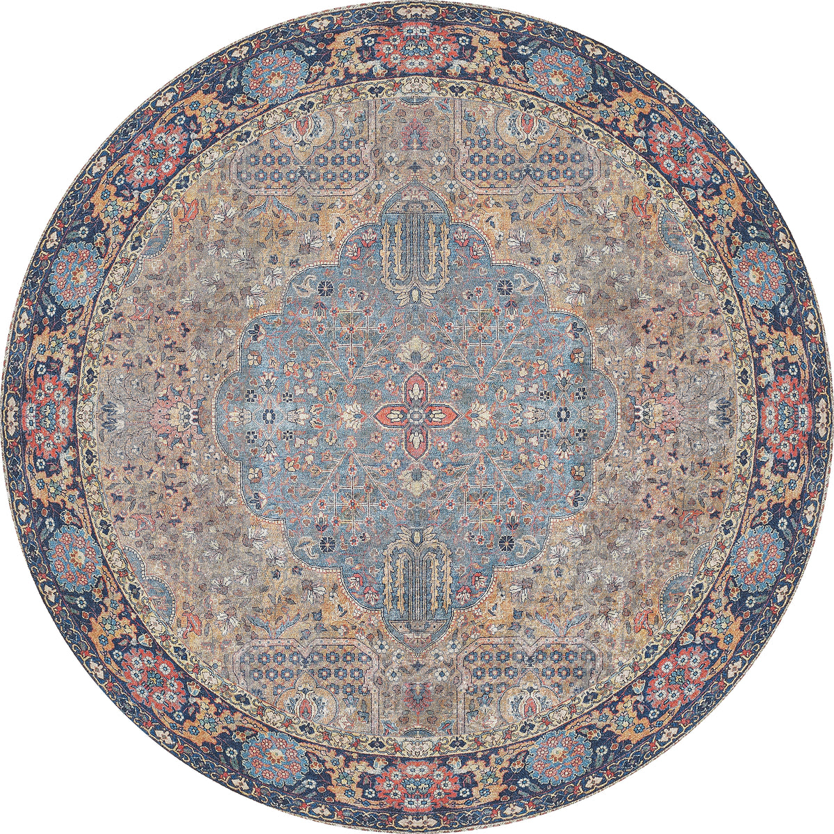 The Imperial Weave - Washable Rug - JR1969 is a round blue rug with beige and red tones, a central medallion, floral details, and a dark ornate border—perfect for high-traffic areas.