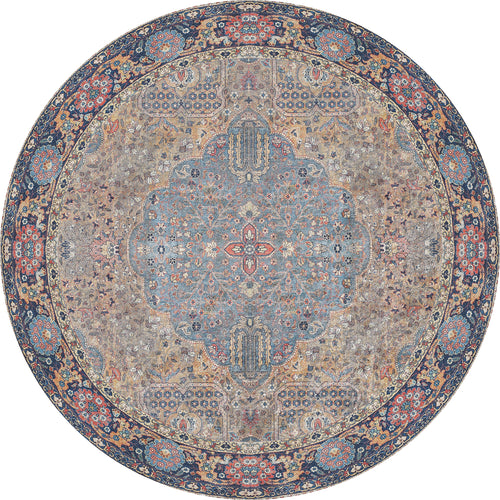 Load image 1 in gallery view. The Imperial Weave - Washable Rug - JR1969 is a round blue rug with beige and red tones, a central medallion, floral details, and a dark ornate border—perfect for high-traffic areas.