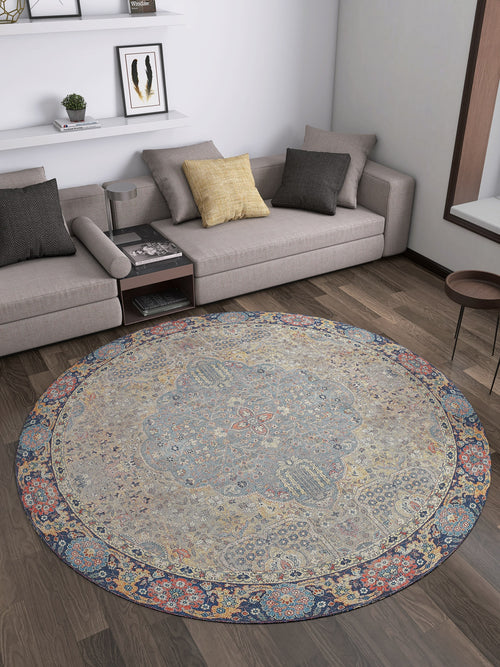 Load image 1 in gallery view. A modern living room with a gray sectional, neutral throw pillows, floating white shelves, and the Imperial Weave - Washable Rug - JR1969 with a blue and red border—perfect for high-traffic areas on dark hardwood floors.