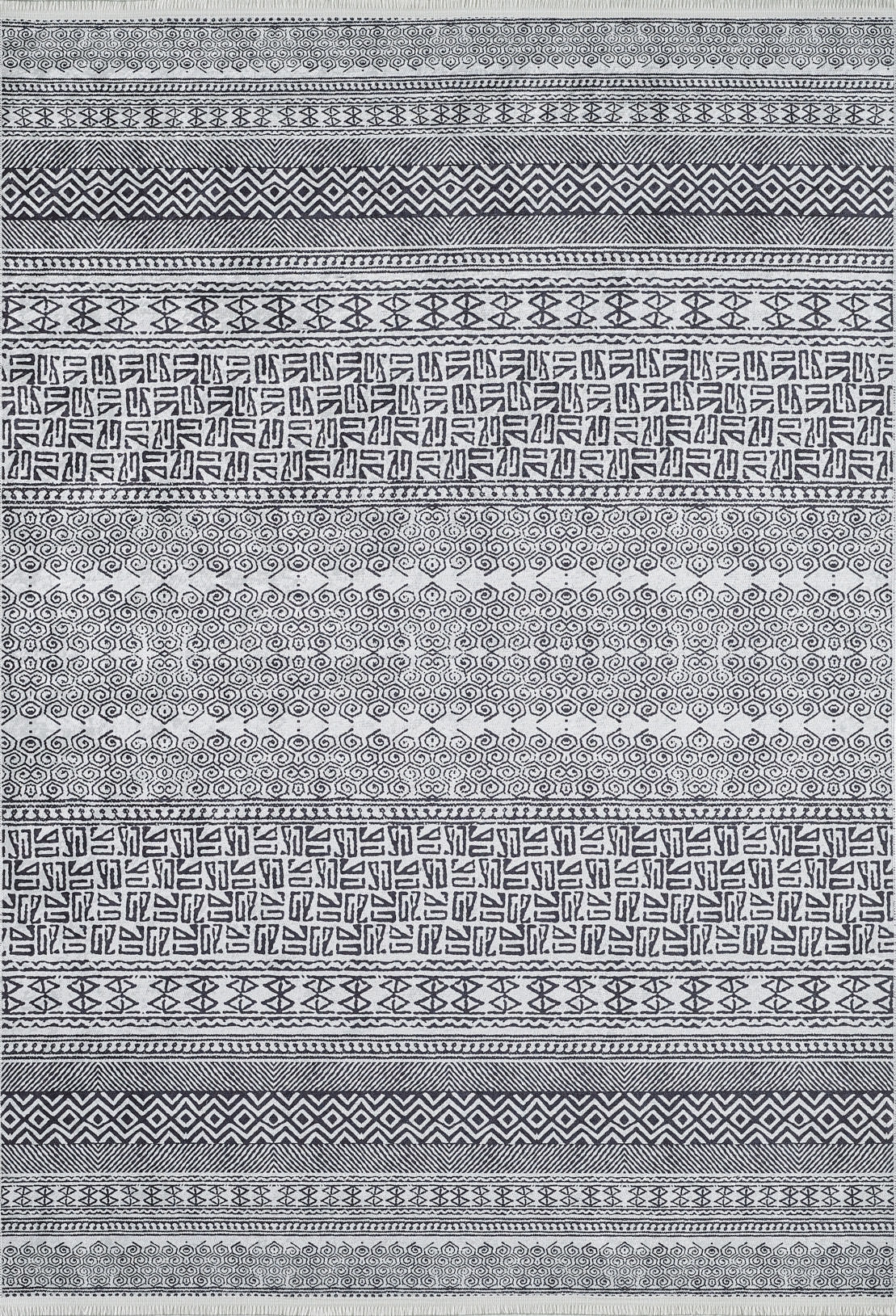 The Indie Impressions - Washable Rug - JR1648 (Custom Size) features a symmetric black and white flat weave with horizontal rows of geometric and tribal-inspired patterns like zigzags, spirals, diamonds, and detailed repeating shapes.