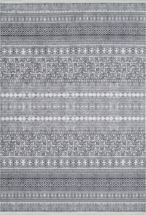Load image 1 in gallery view. The Indie Impressions - Washable Rug - JR1648 (Custom Size) features a symmetric black and white flat weave with horizontal rows of geometric and tribal-inspired patterns like zigzags, spirals, diamonds, and detailed repeating shapes.