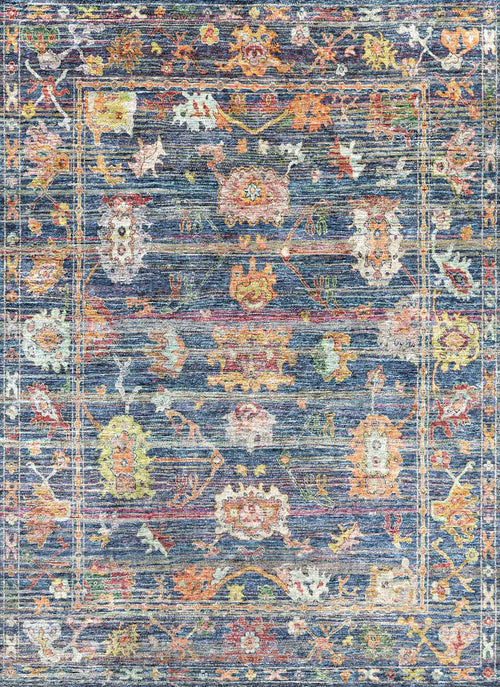 Load image 1 in gallery view. Navy blue traditional rug with a distressed finish and multicolored floral medallion patterns.
