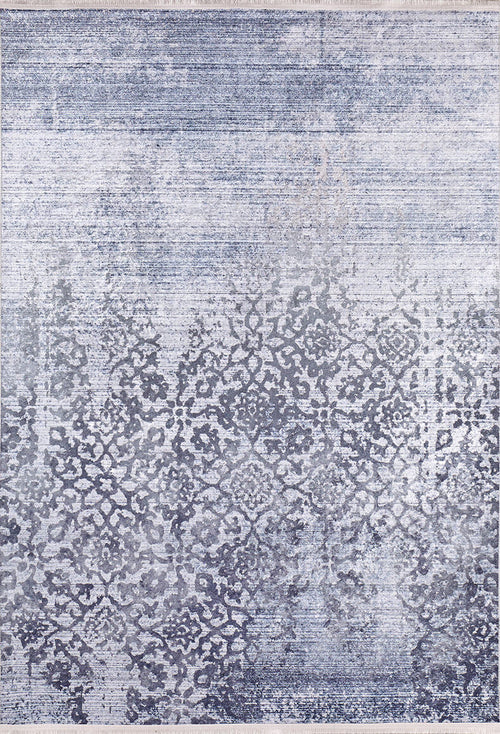 Bild 1 in Galerieansicht laden. The Intricate Scroll - Washable Rug - JR342 (Custom Size) features a rectangular shape, faded blue and gray distressed pattern, ornate symmetrical designs that stand out at the bottom—ideal for high-traffic areas.