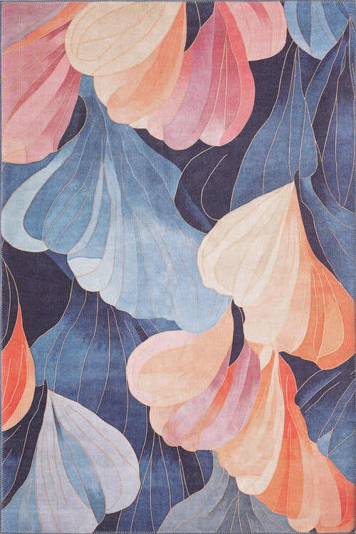 Load image 1 in gallery view. The Iris Abstract Floral Washable Rug (MDJ009) features flowing, overlapping shapes in soft peach, pink, blue, and cream on a dark navy background, accented with fine golden lines for an elegant touch.
