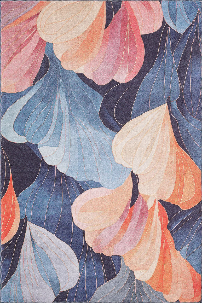 The Iris Abstract Floral Washable Rug (MDJ009) features flowing, overlapping shapes in soft peach, pink, blue, and cream on a dark navy background, accented with fine golden lines for an elegant touch.