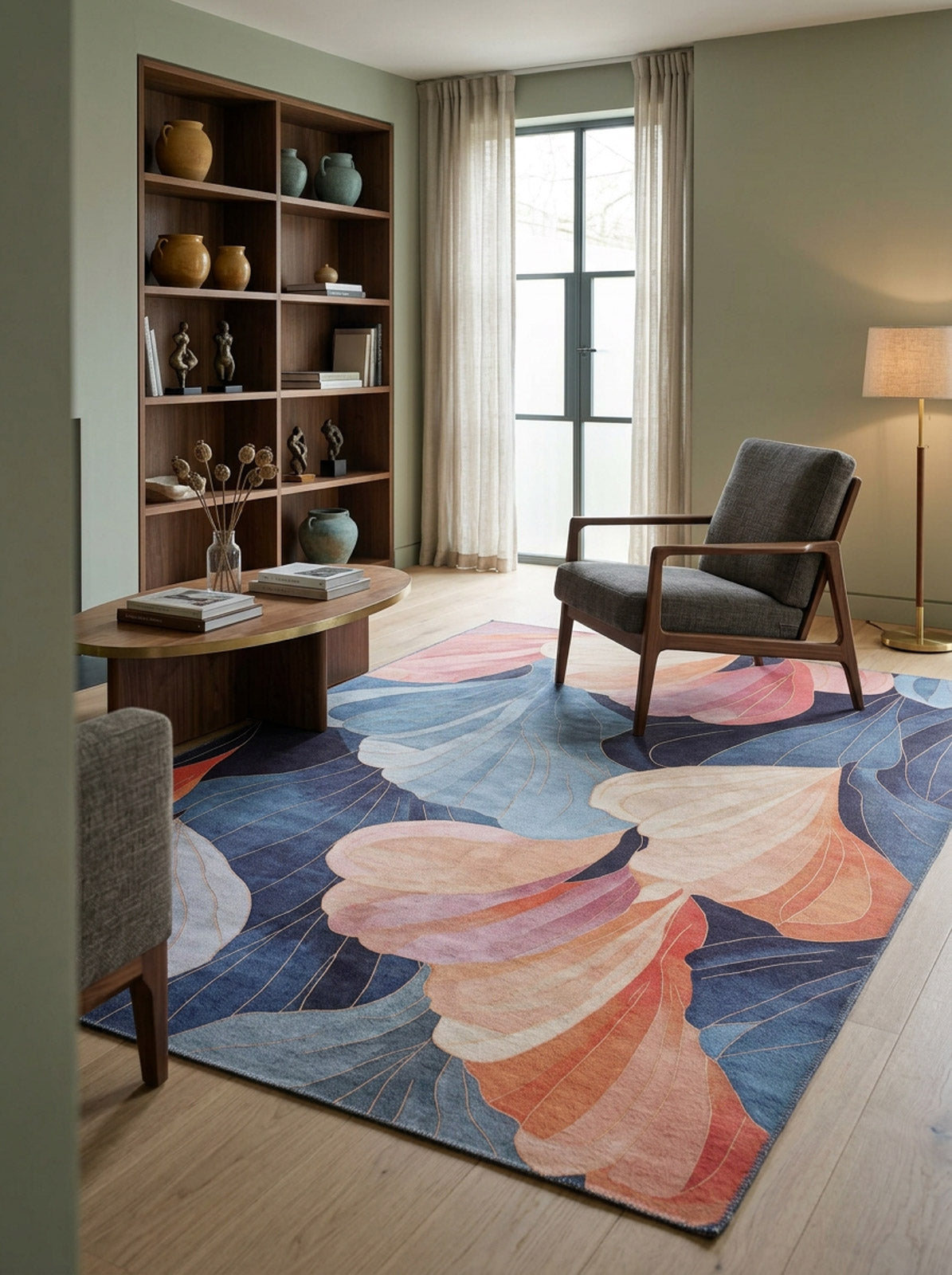 Modern living room featuring the Iris Abstract Floral Washable Rug - MDJ009 with blue, pink, and orange shapes—ideal for high-traffic areas—plus an armchair, wooden coffee table, floor lamp, large window with light curtains, and a bookshelf.