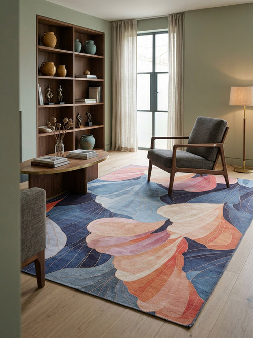 Load image 1 in gallery view. A modern living room with a wooden bookshelf, armchair, round coffee table, floor lamp, and the Iris Abstract Floral Washable Rug - MDJ009 in blue, pink, and peach—perfect for allergy-sensitive homes. Sunlight streams through tall sheer-curtained windows.