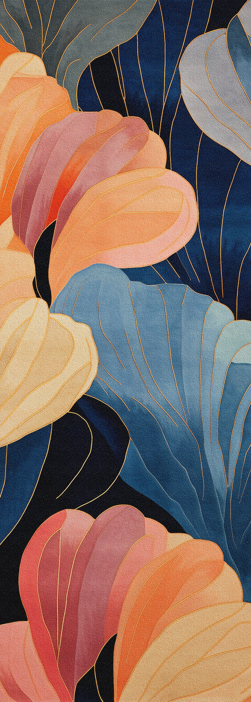 Load image 1 in gallery view. The Iris Abstract Floral Washable Rug - MDJ009 features overlapping leaves in peach, yellow, blue, and navy with gold accents—an eye-catching multicolor rug design that will elevate any space.