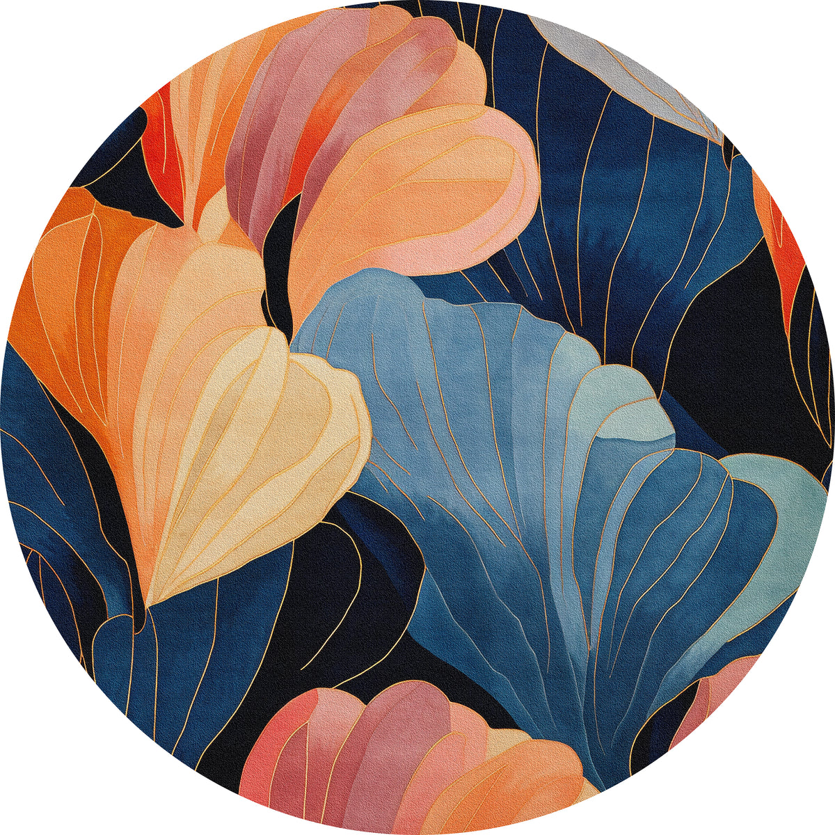 The Iris Abstract Floral Washable Rug (MDJ009) is a circular flat weave featuring large overlapping leaves in orange, pink, and blue with gold outlines on a dark background.