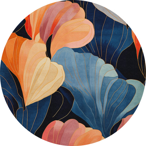 Load image 1 in gallery view. The Iris Abstract Floral Washable Rug (MDJ009) is a circular flat weave featuring large overlapping leaves in orange, pink, and blue with gold outlines on a dark background.