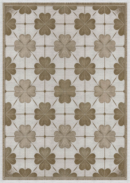 Load image 1 in gallery view. The Ivory Clover - Washable Rug (JRS014) features a rectangular shape with tan four-leaf clover motifs linked by fine lines on a light beige base, finished with a brown border—durable and perfect for high-traffic spaces.