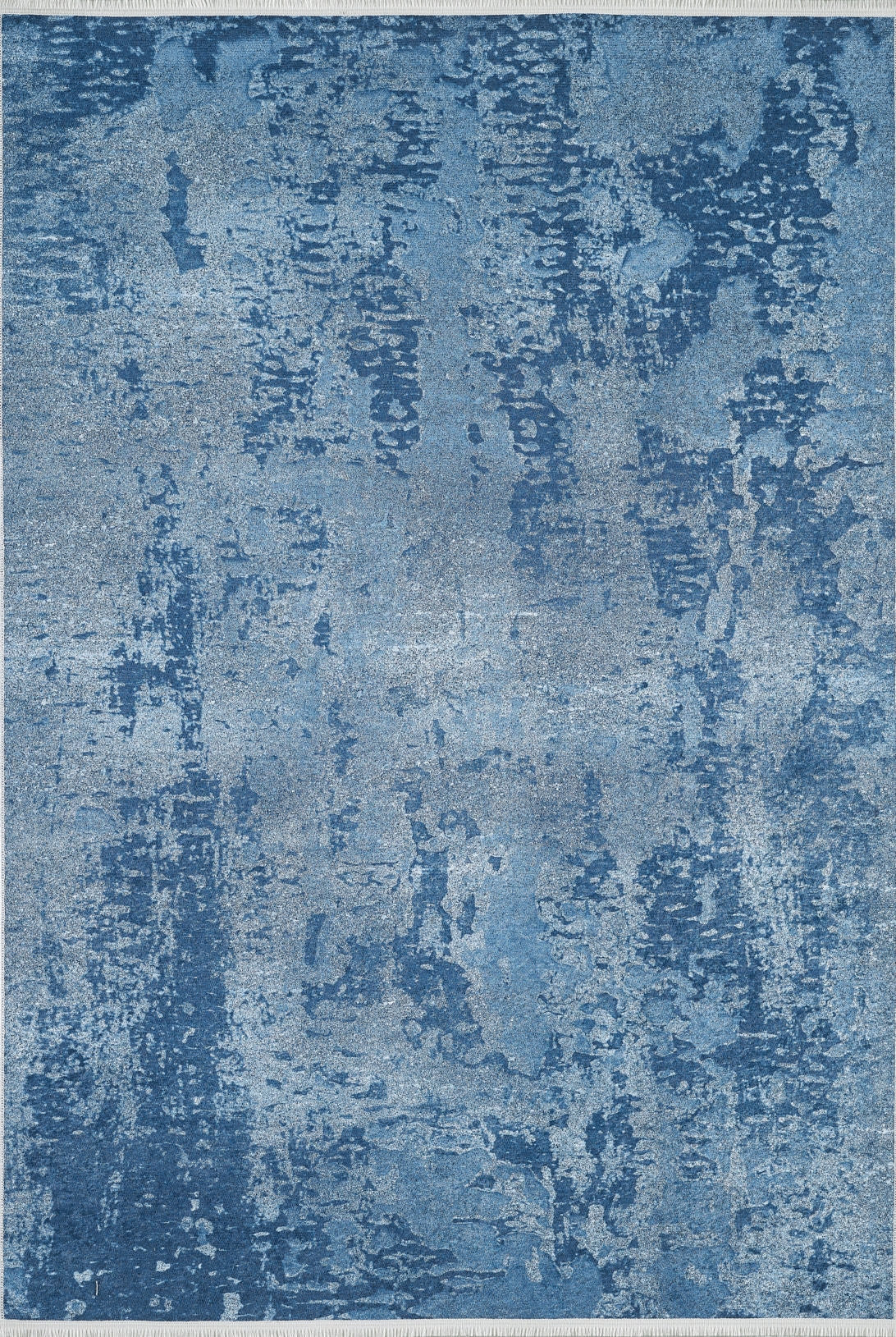 The Ivory Whisper - Washable Rug - JR1628 (Custom Size) features abstract blue and gray brushstroke patterns with a textured, distressed look. Durable and stylish, it’s perfect for high-traffic areas and offers a versatile mix of colors and textures.
