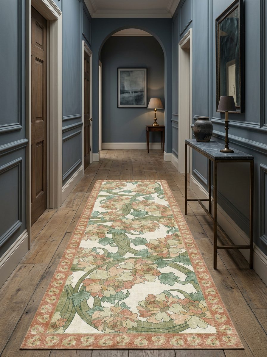 Cream runner rug with green and peach floral pattern and a decorative border, styled in a blue-walled hallway.