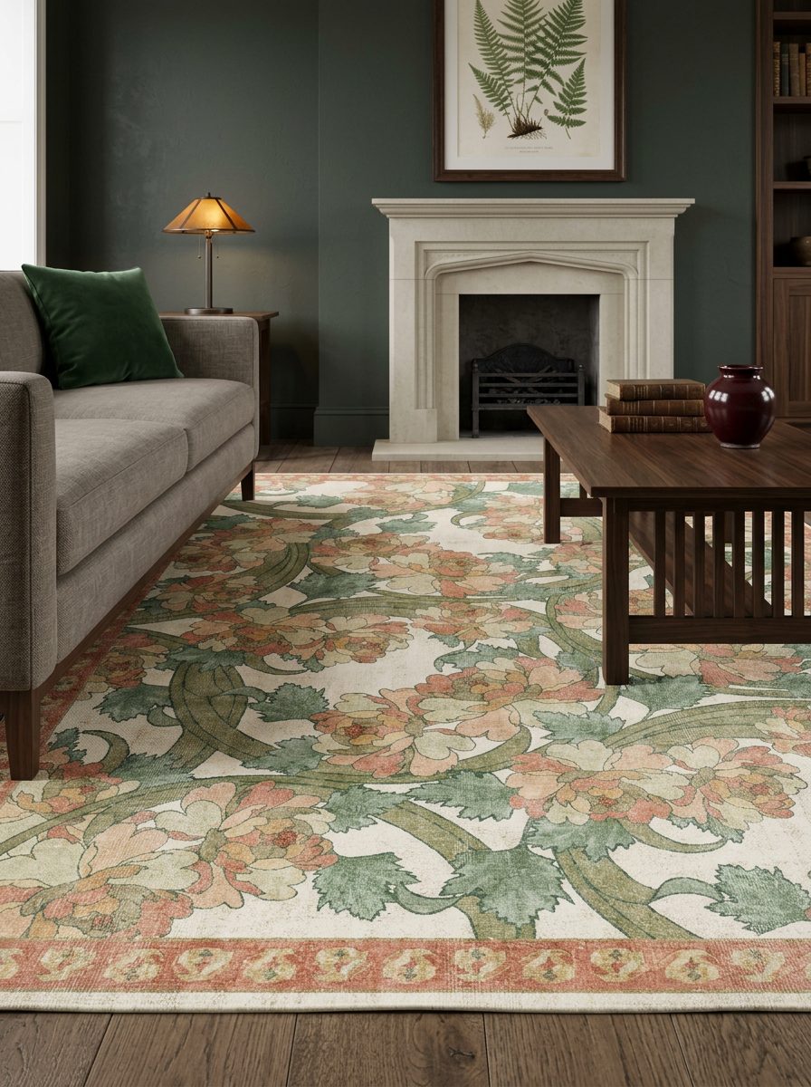 Cream rug with a green and coral floral pattern and a decorative border, styled in a traditional living room.