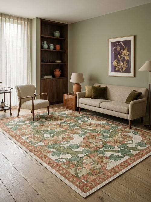 Load image 1 in gallery view. Cream rug with a green and peach floral vine pattern and a decorative border, styled in a modern living room.