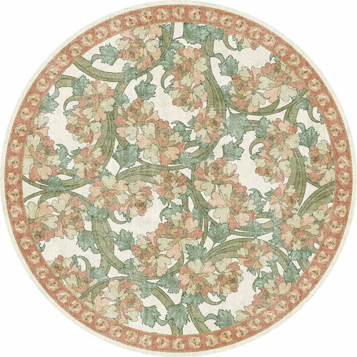 Load image 1 in gallery view. Round rug with a cream background, featuring a floral pattern of pink blossoms and green vines with a terracotta border.