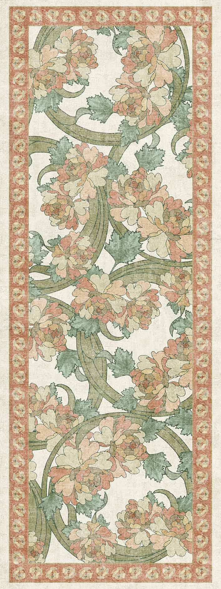 Cream runner rug with a terracotta floral border and large-scale sage green and peach peony pattern.