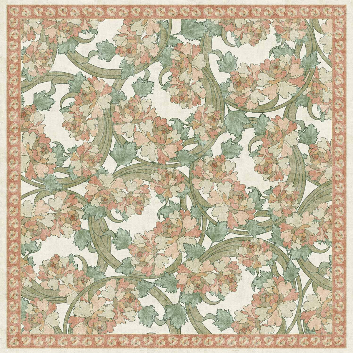 Cream rug with a muted pink and sage green floral vine pattern and a decorative border.