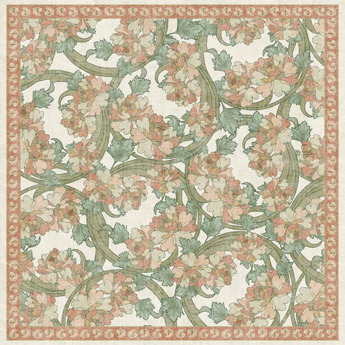 Load image 1 in gallery view. Cream rug with a muted pink and sage green floral vine pattern and a decorative border.