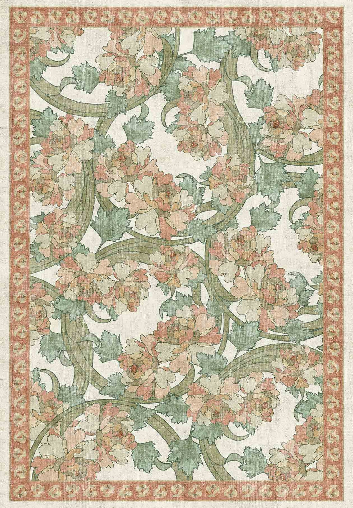 Cream rug with a muted pink and sage green floral pattern and a decorative terracotta border.