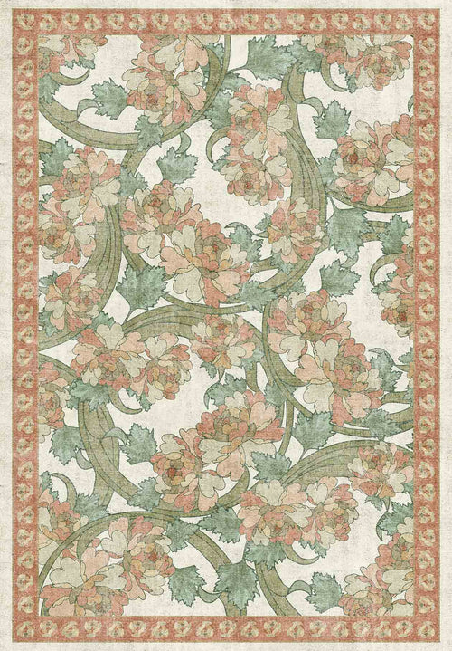 Load image 1 in gallery view. Cream rug with a muted pink and sage green floral pattern and a decorative terracotta border.