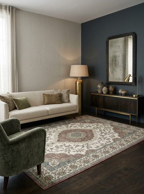Bild 1 in Galerieansicht laden. Cream rug with a traditional floral medallion pattern in muted red, blue, and green, styled in a modern living room.