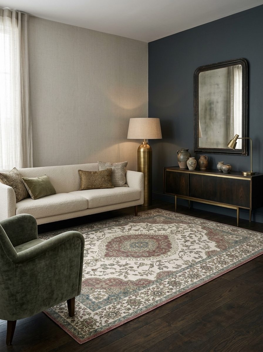 Cream rug with a traditional floral medallion pattern in muted red, blue, and green, styled in a modern living room.