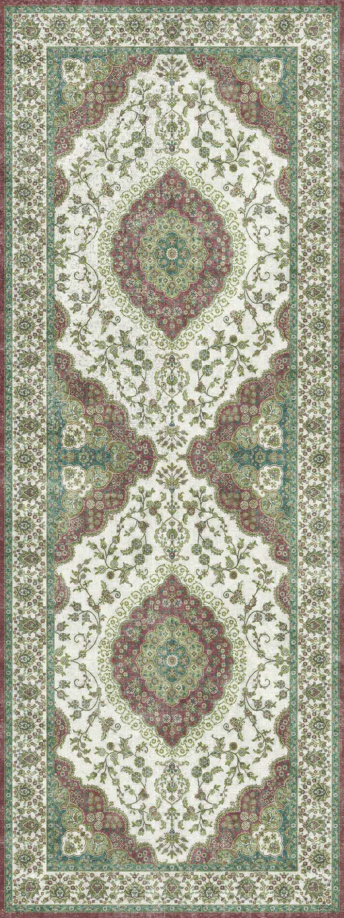 Cream runner rug with a traditional red and blue floral medallion pattern and a decorative border.