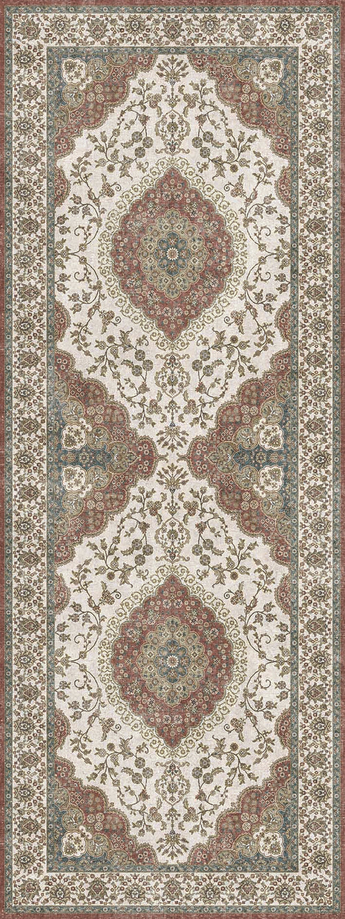 Bild 1 in Galerieansicht laden. Cream runner rug with a traditional red and blue floral medallion pattern and a decorative border.
