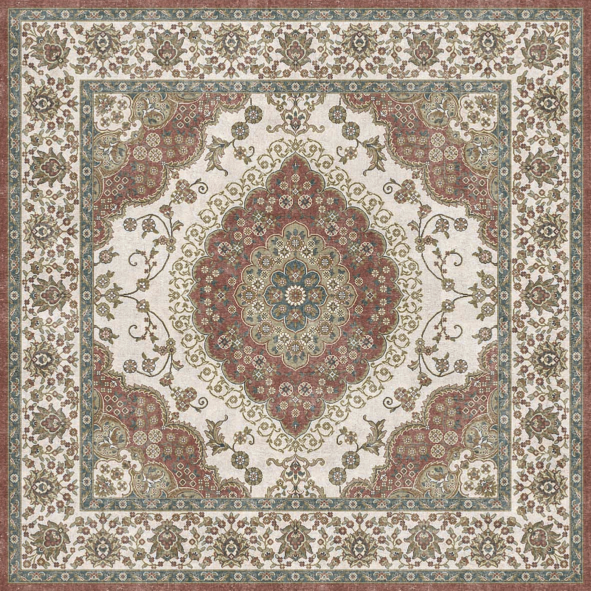 Traditional Persian-style rug with a central floral medallion in red, blue, and cream with a decorative border.