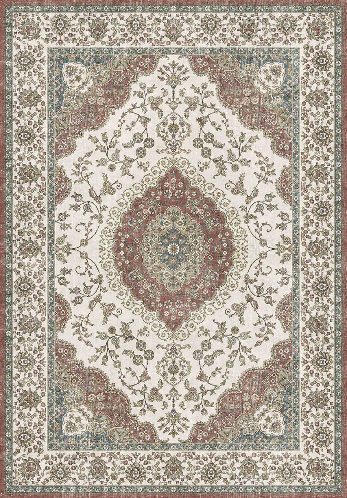 Cream traditional rug with a central red medallion, floral motifs, and a decorative border in red, blue, and sage green.