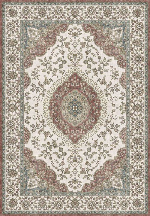 Bild 1 in Galerieansicht laden. Cream traditional rug with a central red medallion, floral motifs, and a decorative border in red, blue, and sage green.