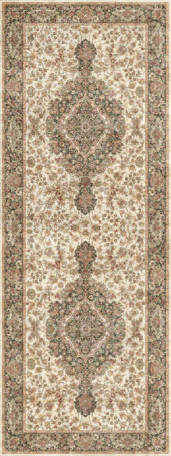 Beige and charcoal runner rug with a traditional Persian-style floral medallion pattern and a decorative border.