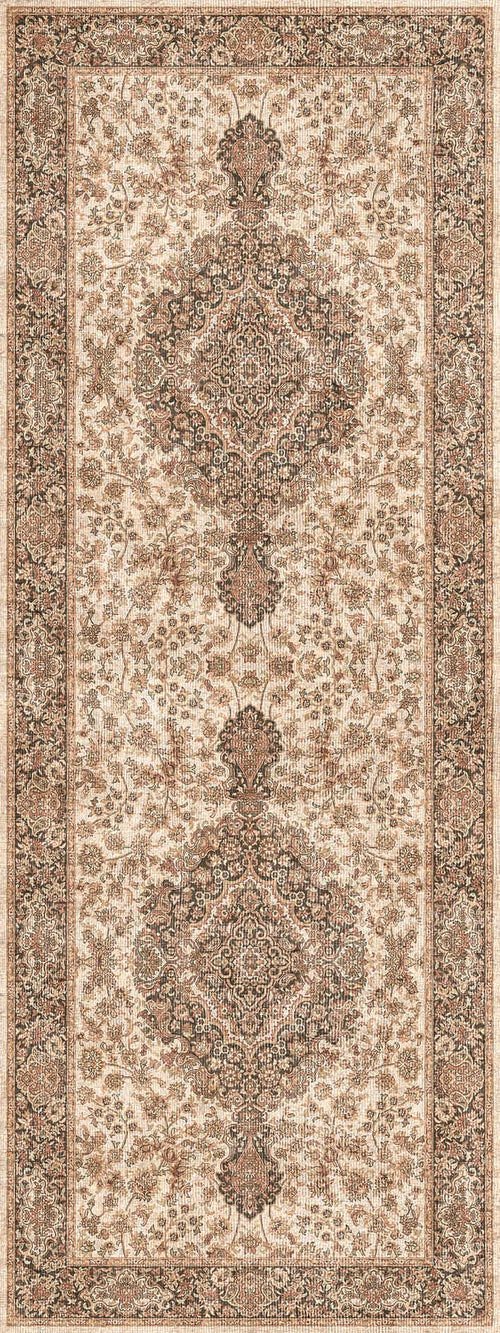 Load image 1 in gallery view. Beige and charcoal runner rug with a traditional Persian-style floral medallion pattern and a decorative border.