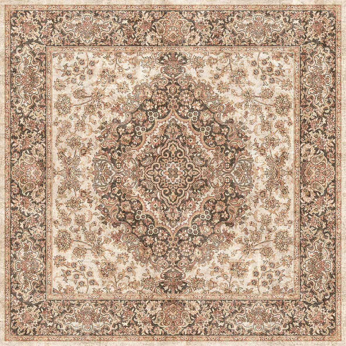 Beige and charcoal traditional rug with a central floral medallion and intricate border pattern.