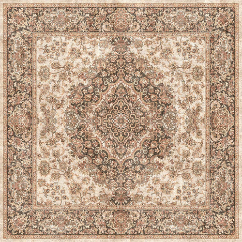 Load image 1 in gallery view. Beige and charcoal traditional rug with a central floral medallion and intricate border pattern.