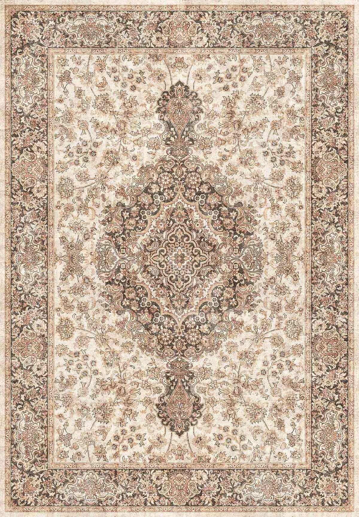 Beige and charcoal traditional rug with a central floral medallion and intricate border pattern.