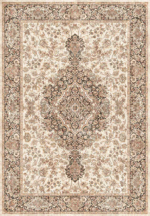 Load image 1 in gallery view. Beige and charcoal traditional rug with a central floral medallion and intricate border pattern.