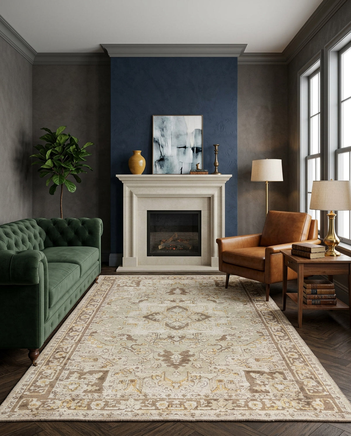 A stylish living room with a green velvet sofa, brown leather armchair, Ivory Medallion Area Rug APX1932, white fireplace on a blue accent wall, abstract art, floor lamp, side table, large windows, and a potted plant.
