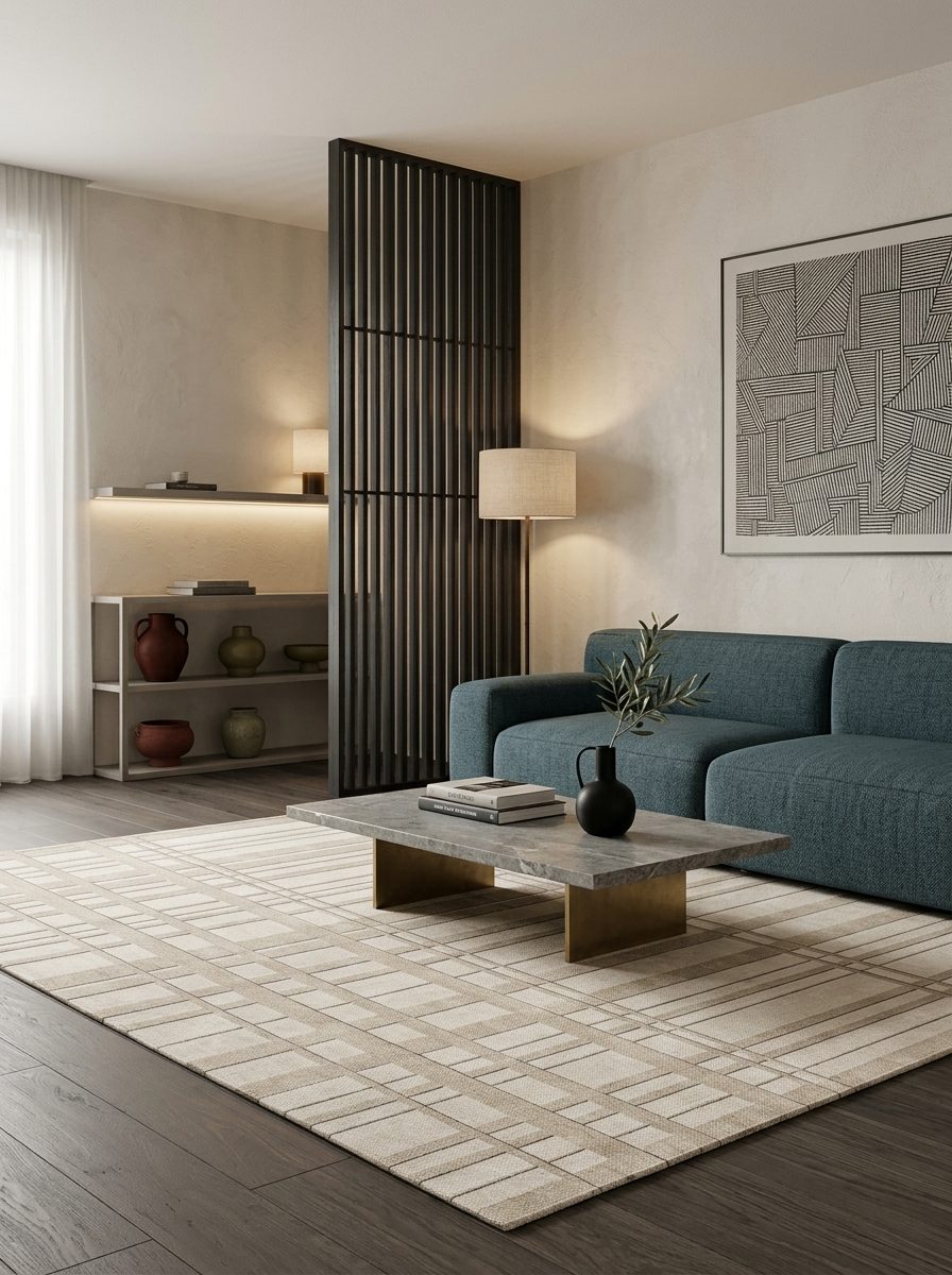 Beige and cream rug with a linear grid pattern, styled in a modern living room with a teal sofa.