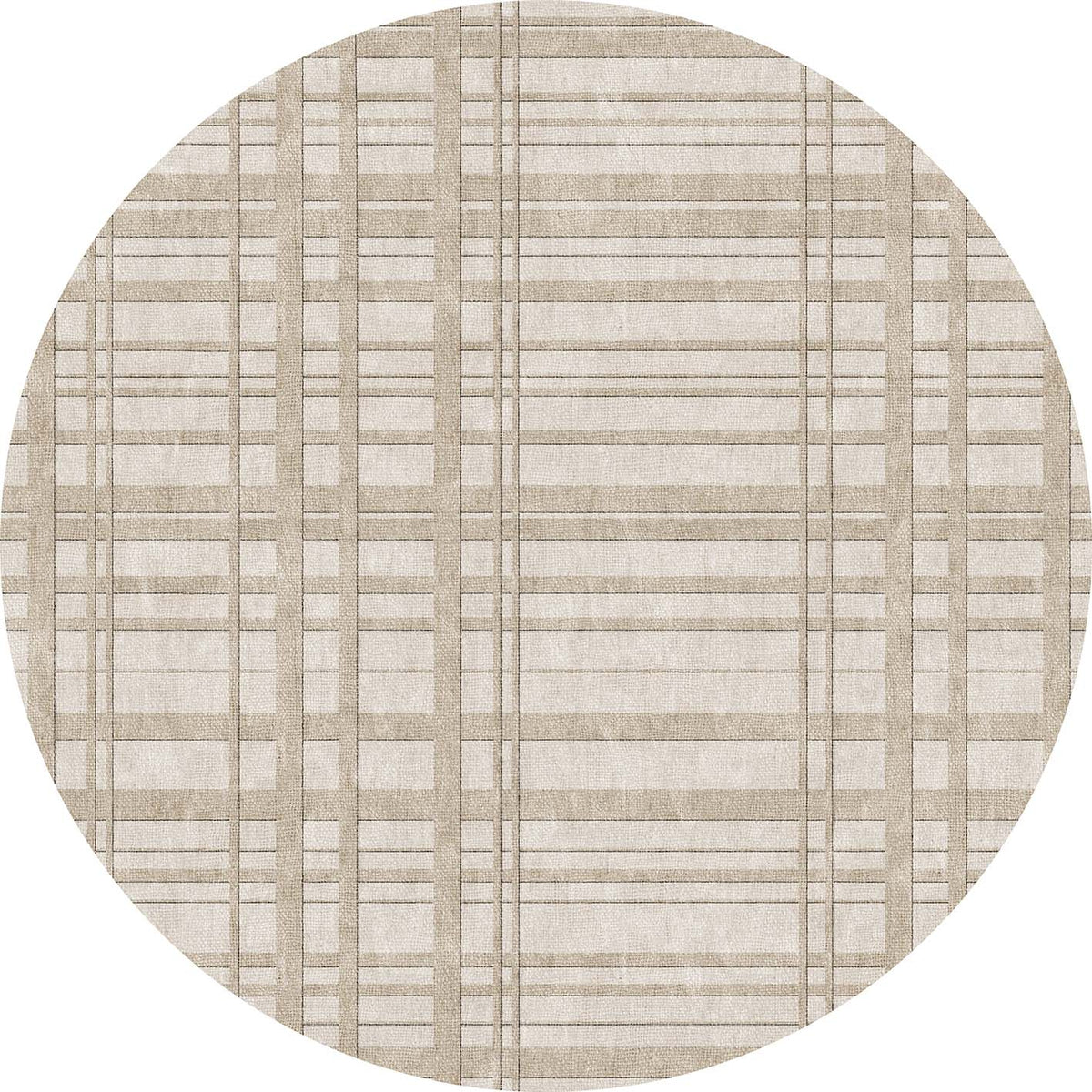 Round beige and cream rug featuring a grid-like plaid pattern of intersecting horizontal and vertical lines.