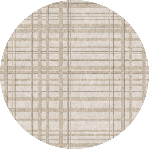 Bild 1 in Galerieansicht laden. Round beige and cream rug featuring a grid-like plaid pattern of intersecting horizontal and vertical lines.