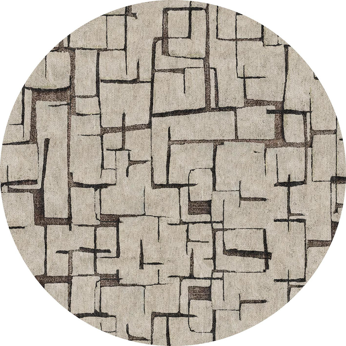 Circular rug with a beige background and a dark brown abstract geometric grid pattern.