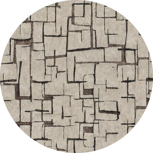 Load image 1 in gallery view. Circular rug with a beige background and a dark brown abstract geometric grid pattern.