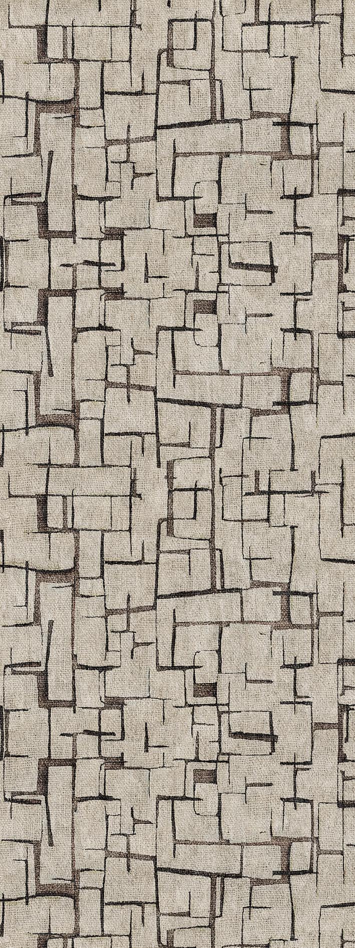 Beige rug with a dark brown abstract grid pattern of interlocking rectangular shapes.