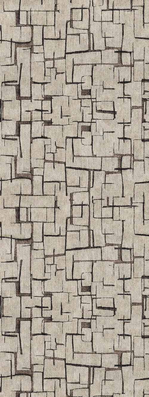 Load image 1 in gallery view. Beige rug with a dark brown abstract grid pattern of interlocking rectangular shapes.